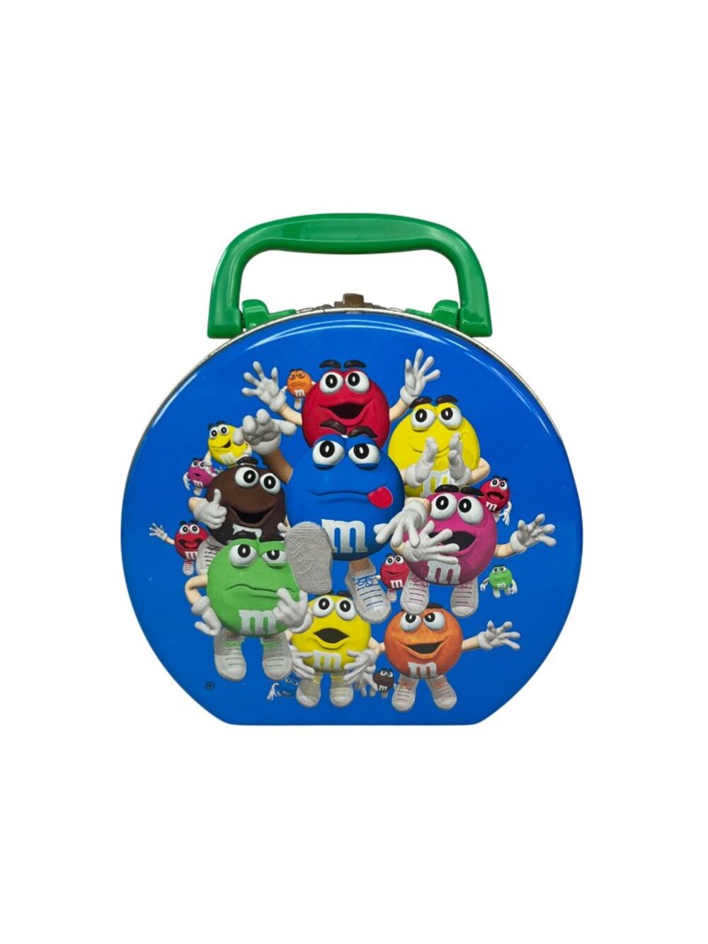 Vintage 1999 M&Ms Round Metal Lunchbox Tin Handle Blue Red
